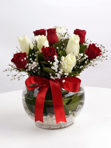 Aşk Küresi Kırmızı Beyaz Güller Aranjmanlar çiçek gönder